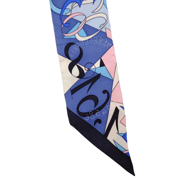HERMES Twilly LE NOMBRE D OR Golden Number Scarf 100% Silk Blue - Picture 5 of 6
